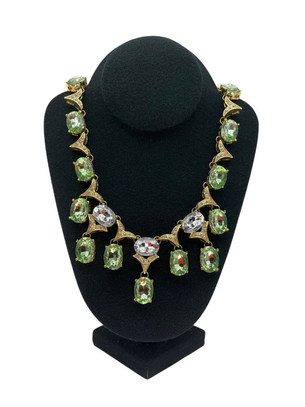 Vintage 60's Arnold Scaasi Cn Signed Gold-Tone Necklace Green Clear Crystals Adj - Picture 3 of 11